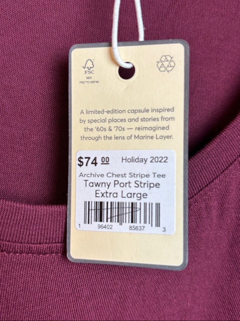 NWT Marine Layer Men's  XL Archive Chest Stripe Tee Tawny Port Long‎ Sleeve Crew - Picture 6 of 6